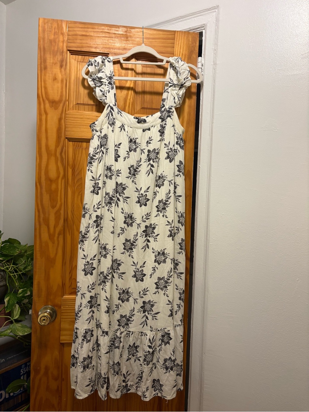 Women’s Floral Ruffle-Strap Midi Dress — Cream with Black Floral